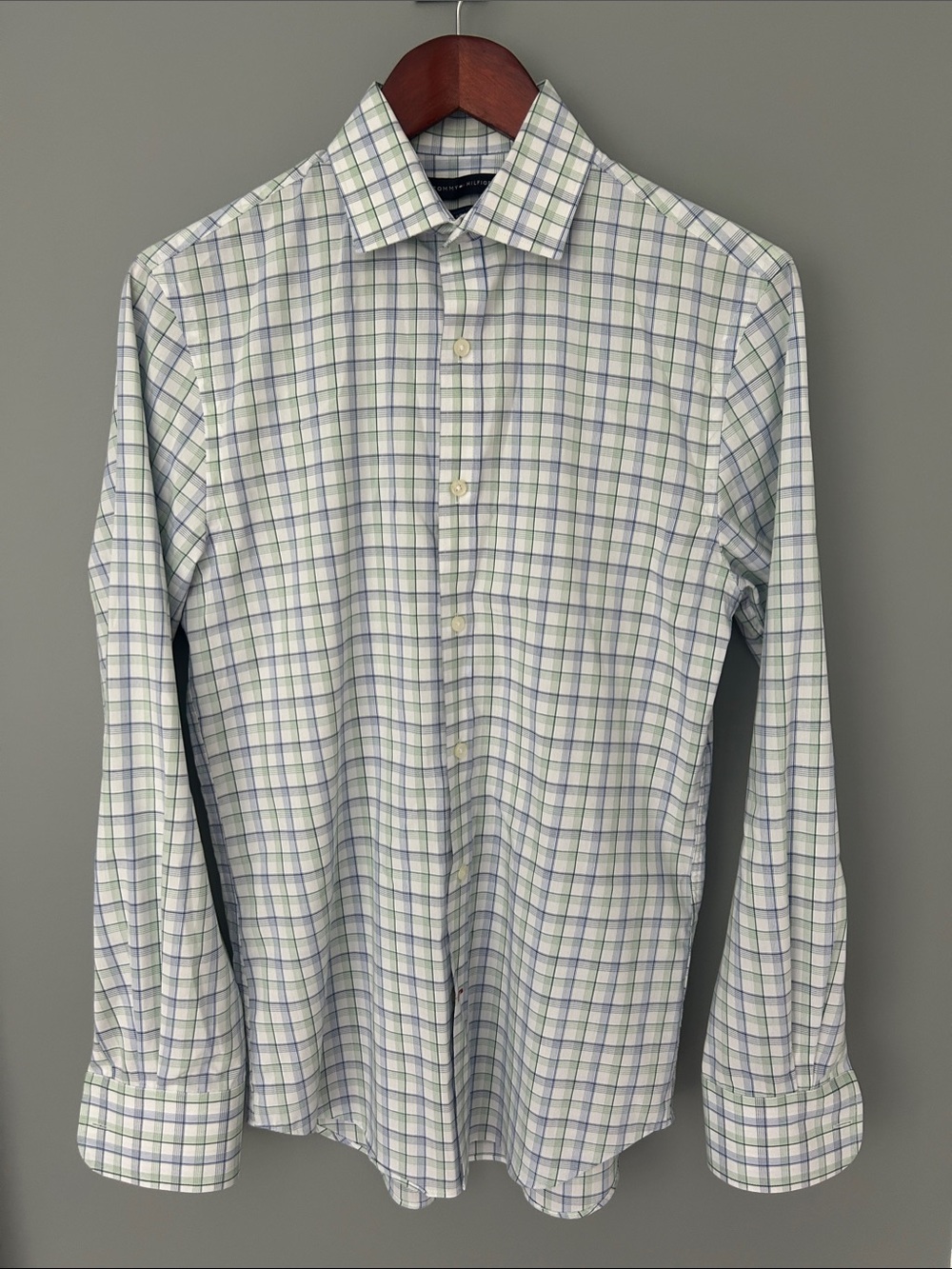 Tommy Hilfiger White, Light Blue & Green Plaid Dress Shirt